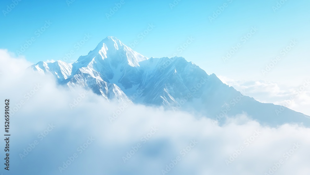 Majestic snowy mountain peaks emerging from misty clouds under a clear blue sky Majestic snowy mountain peaks emerging from misty clouds under a clear blue sky