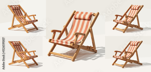 Red and White Striped Wooden Deck Chairs on White Background