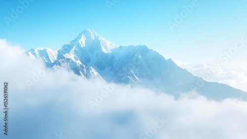 Fototapeta Naklejka Na Ścianę i Meble -  Majestic snowy mountain peaks emerging from misty clouds under a clear blue sky