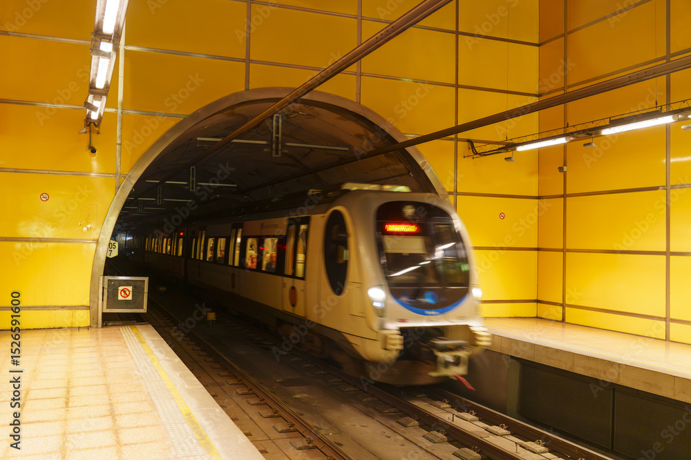Fototapeta premium The train in the Donostia city subway was moving fast, going through a tunnel, Euskadi