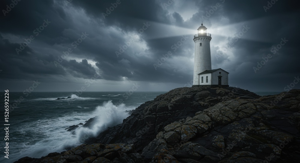 Naklejka premium Coastal Lighthouse Shines Brightly Amidst Stormy Night Scene View