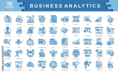 50 business analytics blue icons focused on strategy, data insight, forecasting, and performance tracking. Perfect for business intelligence, reporting, and data driven decision making.