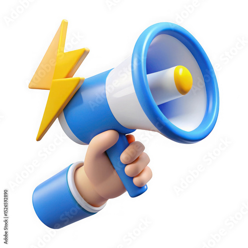 3d render cartoon hand holding blue megaphone with yellow lightning bolt isolated on transparent background