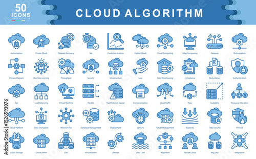 The Cloud Algorithm blue icon set showcases core technologies of modern cloud architecture ideal for illustrating data infrastructure, scalability, security layers, and advanced computing strategies.