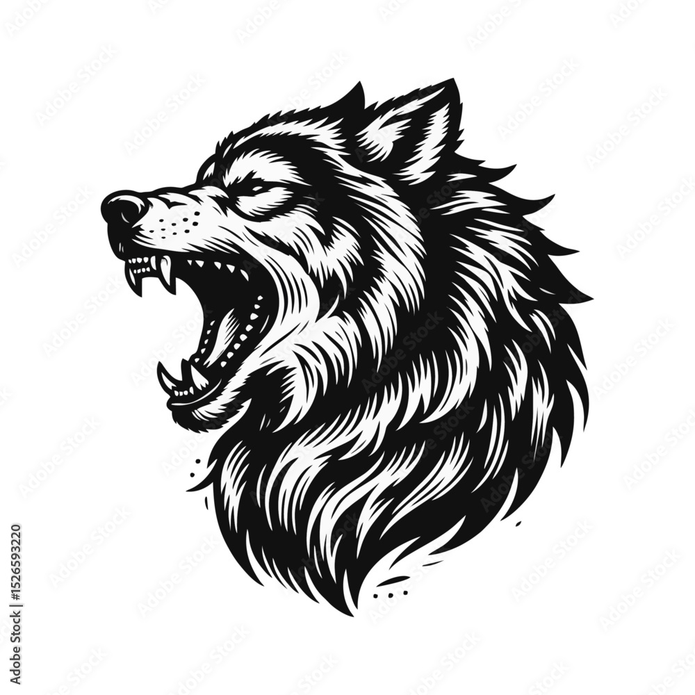 Fototapeta premium Wolf Howling engrave vector illustration black white
