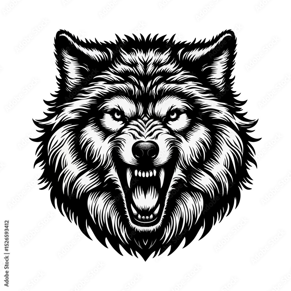 Fototapeta premium Wolf Howling engrave vector illustration black white