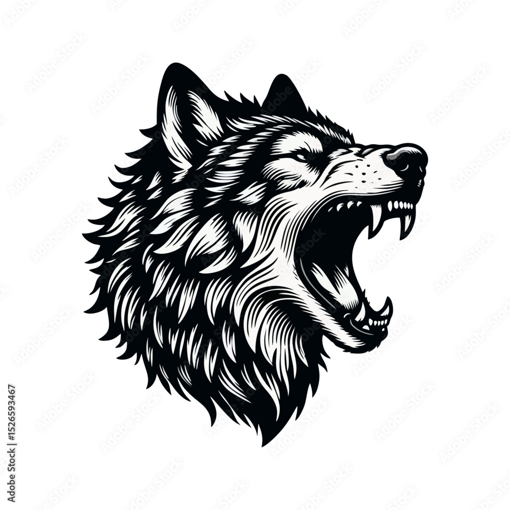 Obraz premium Wolf Howling engrave vector illustration black white