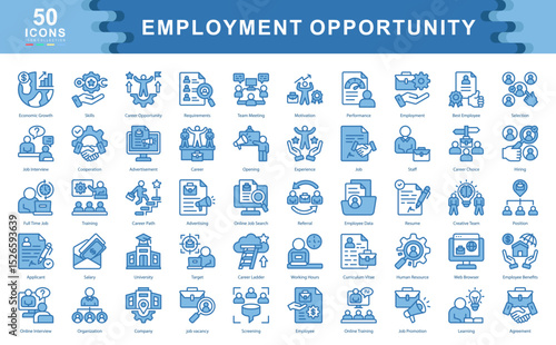 The Employment Opportunity icon set showcases key elements of modern recruitment such as resumes, interviews, and employee benefits ideal for HR, staffing agencies, and career development platforms.
