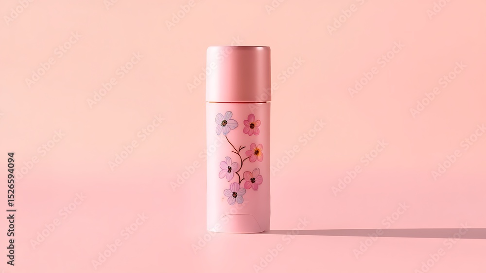 Pink bottle of perfume with floral decoration on a matching colored background Pink bottle of perfume with floral decoration on a matching colored background