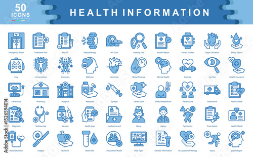 The Health Information blue icon set represents core aspects of medical records, diagnostics, and wellness monitoring, ideal for healthcare apps, insurance portals, and hospital systems.