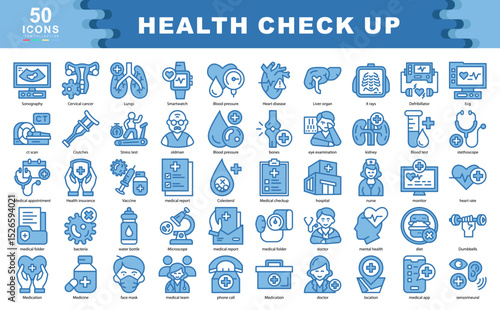 Health Check Up Icons Collection contains Sonography,Crutches,ct scan,Medication, hospital, Medication,Vaccine, Platforms,medical,insurance,Metric Icons Simple blue vector Illustration