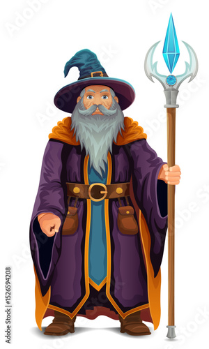 ancient fantasy magic sorcerer wizard witcher elderly man with beard in hat and cape cartoon vector illustration isolated on white background