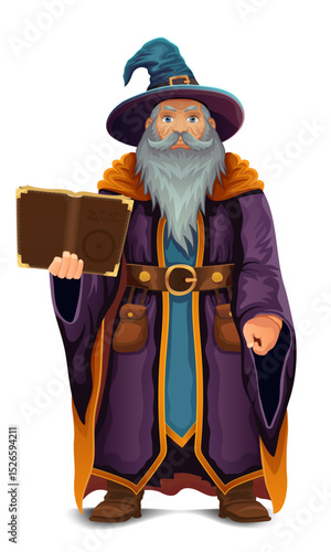ancient fantasy magic sorcerer wizard witcher elderly man with beard in hat and cape cartoon vector illustration isolated on white background