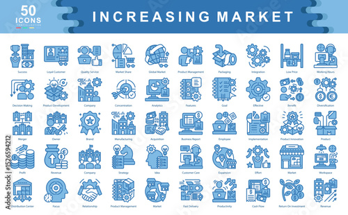 The Increasing Market blue icon set illustrates growth strategies, brand expansion, and product development, ideal for sales forecasts, business insights, and global market analysis.