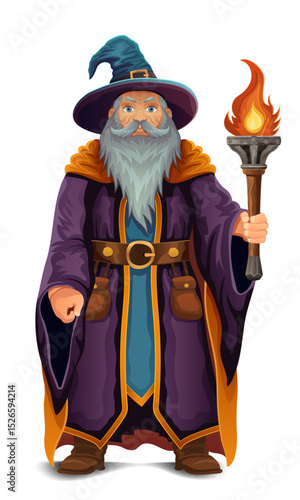 ancient fantasy magic sorcerer wizard witcher elderly man with beard in hat and cape cartoon vector illustration isolated on white background