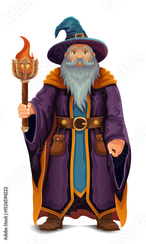 ancient fantasy magic sorcerer wizard witcher elderly man with beard in hat and cape cartoon vector illustration isolated on white background
