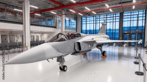 Modern Fighter Jet Displayed in Aerospace Facility with Bright Lighting and Sleek Design Features