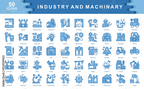 Industry and Machinery blue icon set illustrates key elements of industrial operations, manufacturing, and innovation. Perfect for logistics, engineering, automation, and mechanical system visuals.