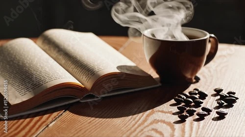 A warm cup of coffee surrounded by scattered roasted coffee beans, a perfect depiction of morning ritual and comfort.