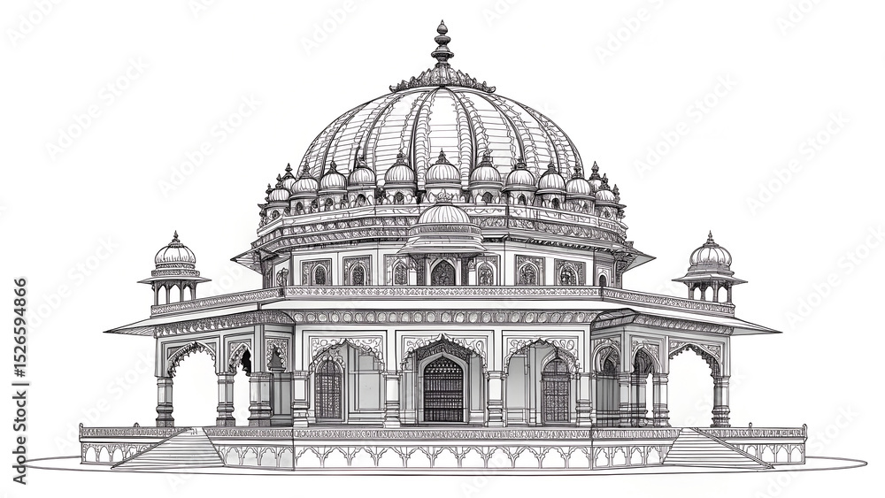 Fototapeta premium Indian temple dome in line-work vector art generative ai