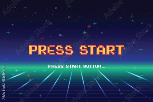 PRESS START. pixel art .8-bit game. Retro Futurism Sci-Fi Background. glowing neon grid. and stars from vintage arcade computer games
