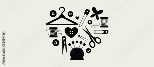 Heart Shaped Sewing Kit Illustration with Various Tools