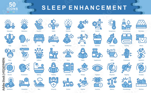 Sleep Enhancement blue icon collection set. Containing,Relaxation,Meditation, Comfort,Habits, Darkness,Aromatherapy,Yoga,Insomnia,Napping,Melatonin icon.Simple line vector.