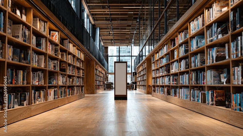 Obraz premium A spacious modern library aisle with tall wooden bookshelves filled with books, natural light from large windows, and a digital information kiosk in the center.