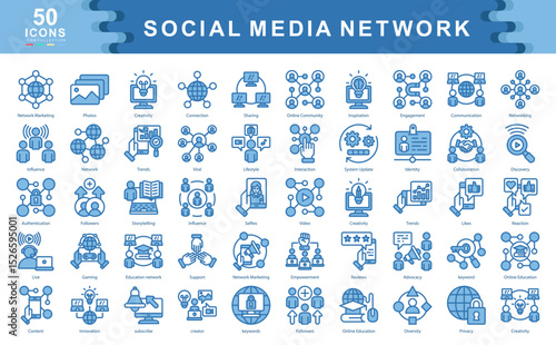 Social Media Network blue Icons Collection contains creator,Influence,Empowerment,Innovation,Subscribe,Trends,Reviews,Interaction,Privacy,Creativity,Network Marketing Icons Simple Illustration