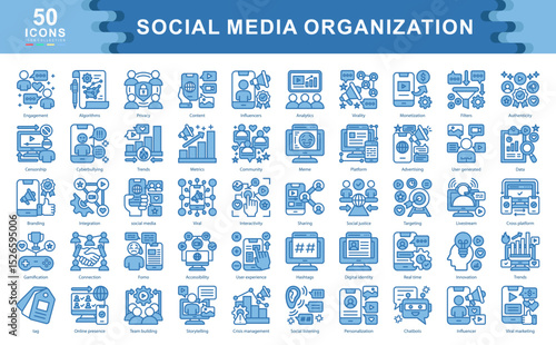 The Social Media Organization blue icon set represents key strategies, tools, and dynamics for digital influence, audience engagement, content management, and brand visibility in today's platforms.
