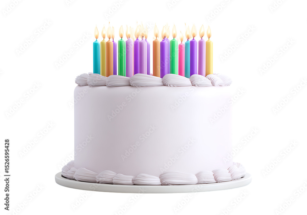 Fototapeta premium Delicious birthday cake with colorful candles ready to celebrate, On Transparent Background