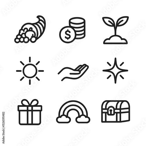Abundance Icon Set. Outline icon set of abundance affirmations: overflowing cornucopia, coin pile, plant sprout, sun, open hand,