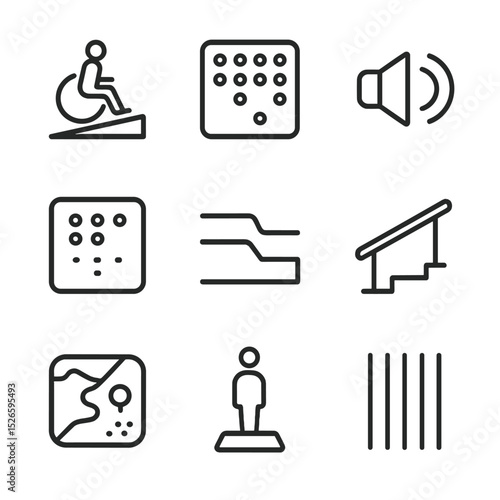 Accessibility Icon Set. Outline icon set of accessibility features: wheelchair ramp, tactile paving, audio beacon, braille sign,