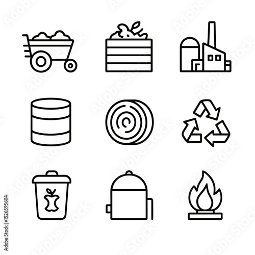 Agricultural Recycling Icons. Outline icon set of agricultural waste recycling: manure spreader, compost bin, bioenergy plant,