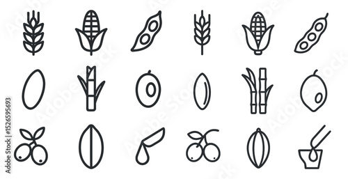 Agricultural icons set featuring wheat, corn, soy, and more for food and design projects