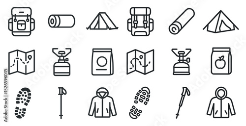 Outdoor adventure gear icons for camping and hiking enthusiasts