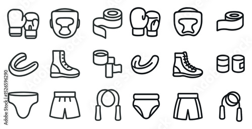 Boxing gear icons set for sports and fitness design projects