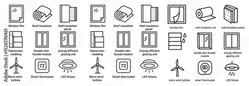 Energy efficient building elements and sustainable technology icons for design projects