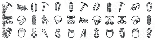 Rock climbing equipment icons for outdoor adventure and safety designs