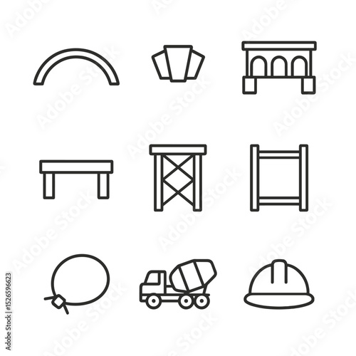 Arch Bridge Icon Set. Outline icon set of arch bridge assembly: arch rib, keystone, spandrel pier, deck slab, falsework, formwork,