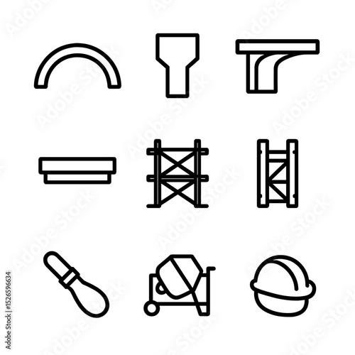 Arch Bridge Icon Set. Outline icon set of arch bridge assembly: arch rib, keystone, spandrel pier, deck slab, falsework, formwork,