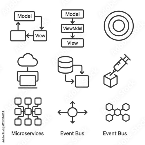 App Architecture Icons. Outline icon set of app architecture patterns: MVC diagram, MVVM flowchart, MVP model, Clean Architecture