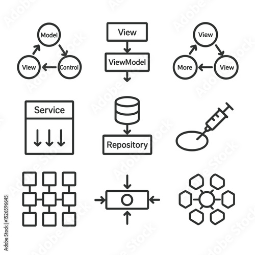 App Architecture Icons. Outline icon set of app architecture patterns: MVC diagram, MVVM flowchart, MVP model, Clean Architecture