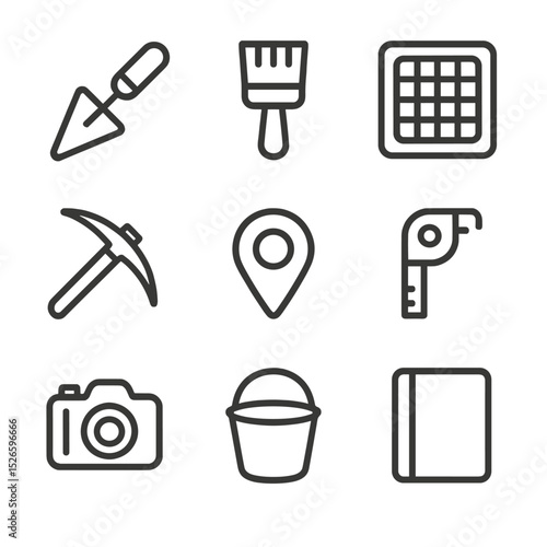 Archaeological Tools Icons. Outline icon set of archaeological tools: trowel, brush, sieving screen, pickaxe, measuring tape, GPS