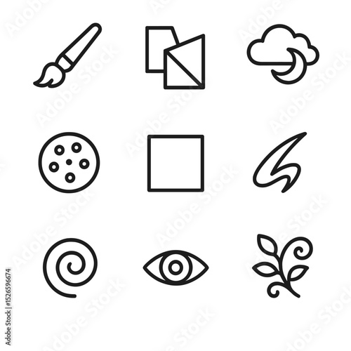 Art Style Icons Grid. Outline icon set of art styles and movements: impressionism brush, cubism shape, surrealism dream cloud, pop