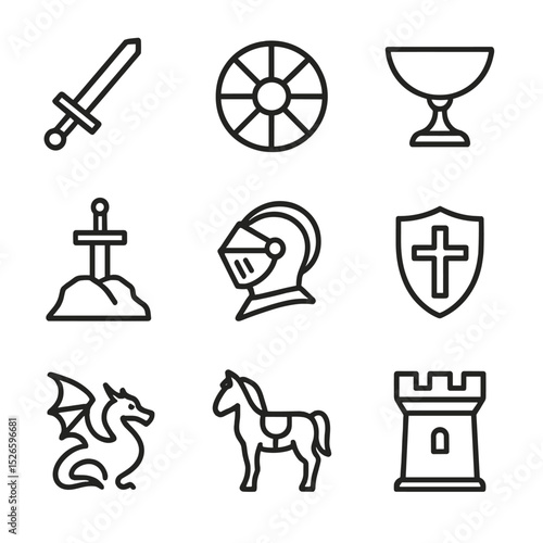 Arthurian Legends Icons. Outline icon set of Arthurian legends heroes: Excalibur, round table, holy grail, sword in stone, knight