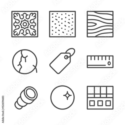 Artifact Icon Set. Outline icon set of artifact close-up photography: intricate carving, surface texture, material grain,