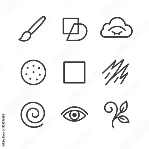 Art Style Icons Grid. Outline icon set of art styles and movements: impressionism brush, cubism shape, surrealism dream cloud, pop