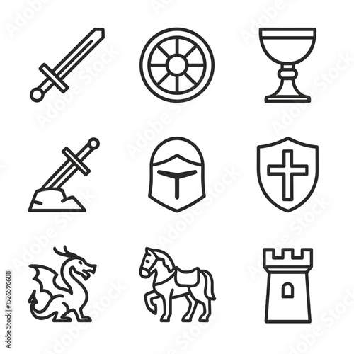 Arthurian Legends Icons. Outline icon set of Arthurian legends heroes: Excalibur, round table, holy grail, sword in stone, knight