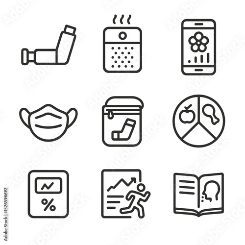 Asthma Prevention Icons. Outline icon set of asthma prevention tools: spacer device, air purifier, pollen count app, face mask,